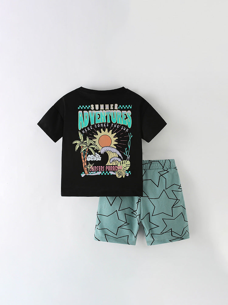 Summer Baby Kids Sun and Stars Pattern T-shirt and Shorts Clothing Set for Boys