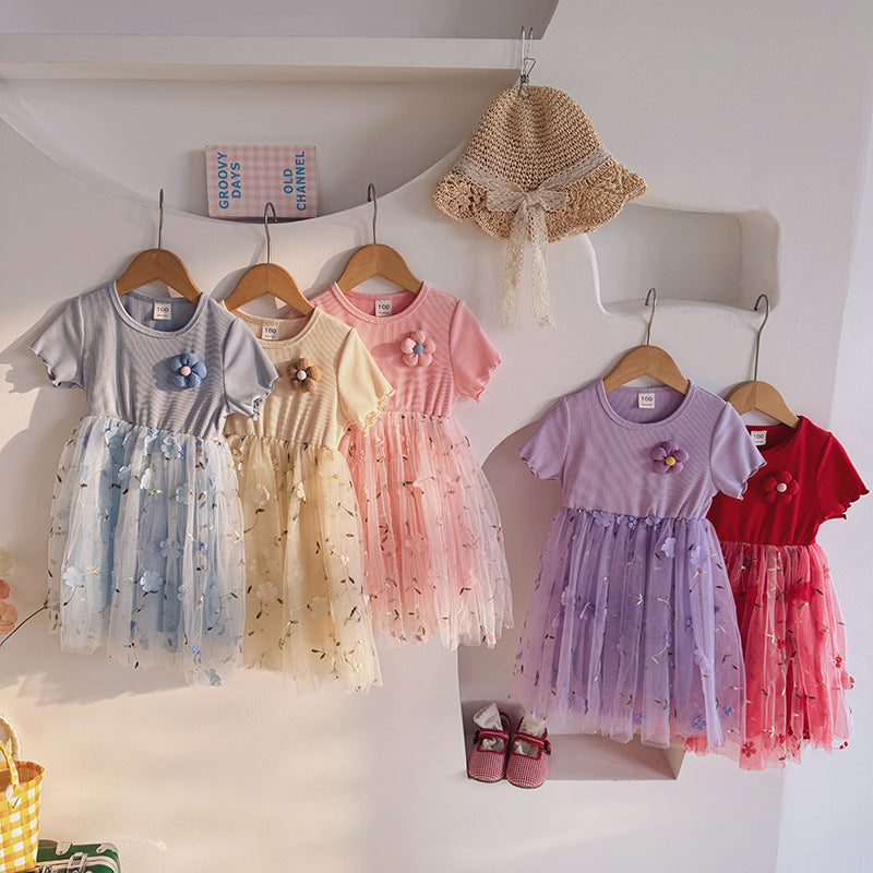 Summer Baby Kids Girls Short-Sleeved 3D Flowers Pattern Mesh Design Patchwork Dress