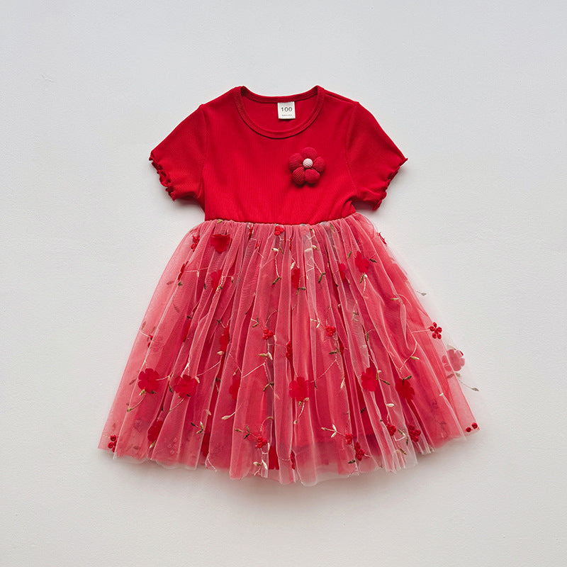 Summer Baby Kids Girls Short-Sleeved 3D Flowers Pattern Mesh Design Patchwork Dress