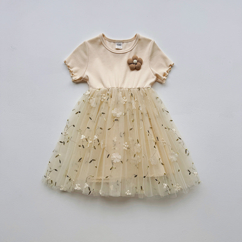Summer Baby Kids Girls Short-Sleeved 3D Flowers Pattern Mesh Design Patchwork Dress