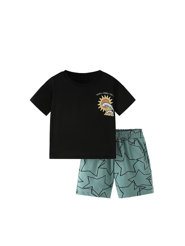 Summer Baby Kids Sun and Stars Pattern T-shirt and Shorts Clothing Set for Boys