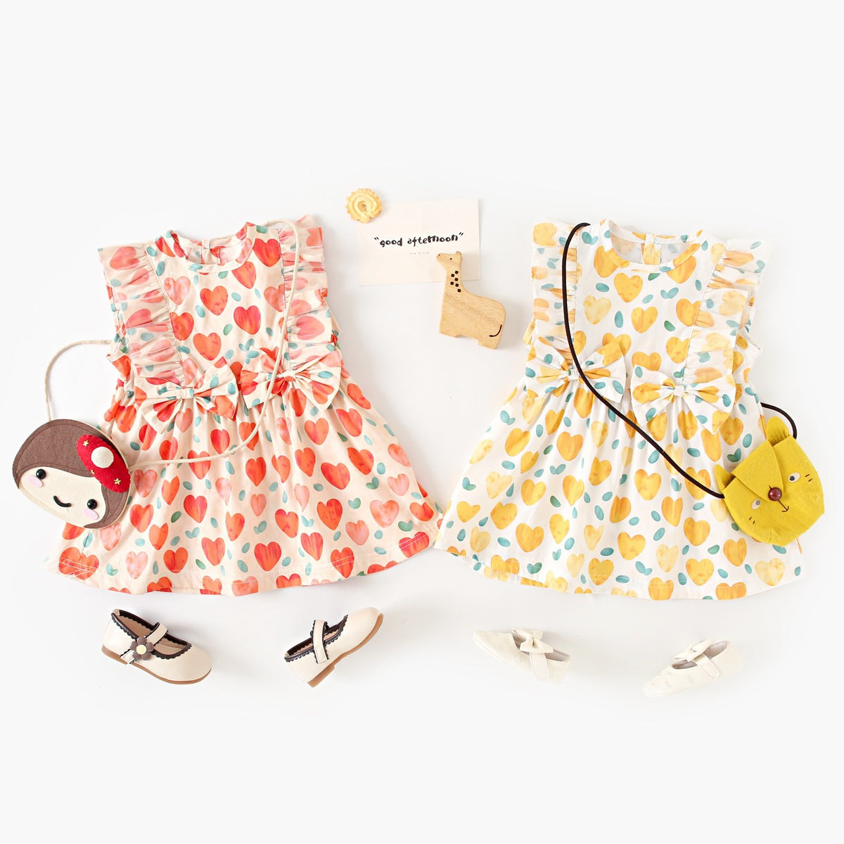 Summer Baby Girls Arrival Heart Pattern Double Bows Sleeveless Crew Neck Dress