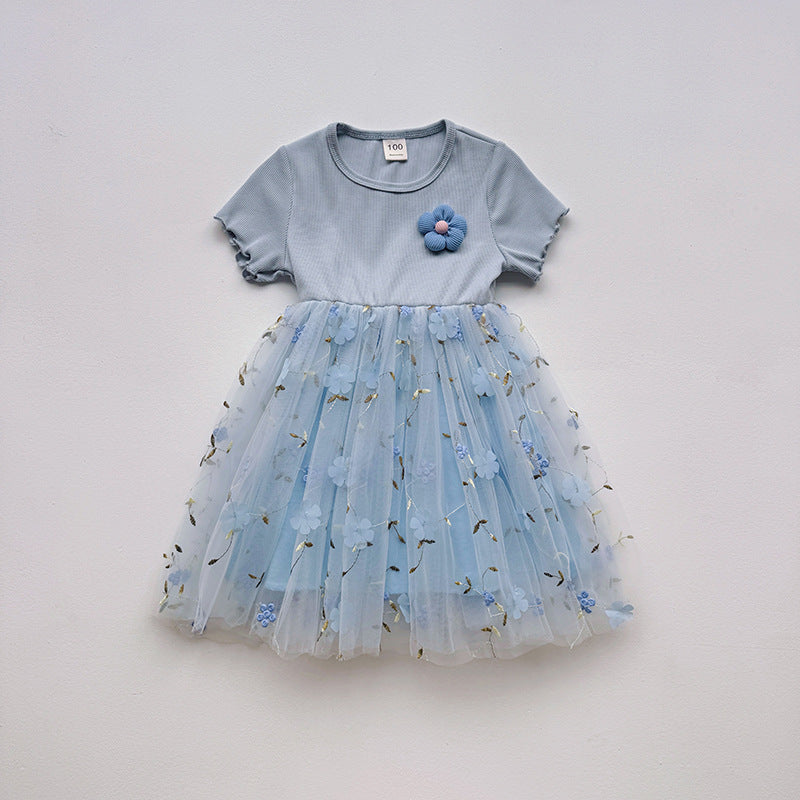 Summer Baby Kids Girls Short-Sleeved 3D Flowers Pattern Mesh Design Patchwork Dress