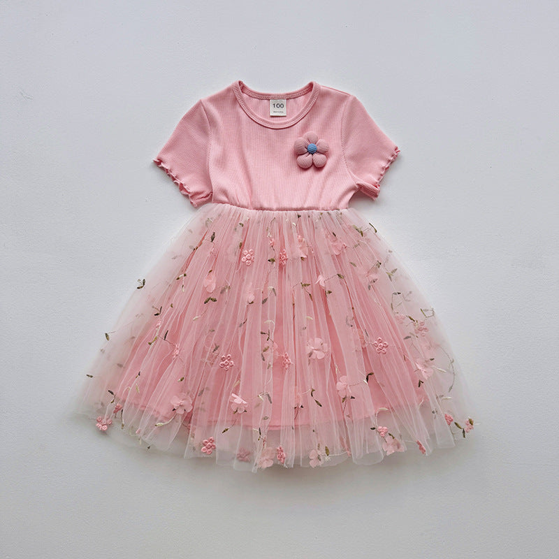 Summer Baby Kids Girls Short-Sleeved 3D Flowers Pattern Mesh Design Patchwork Dress
