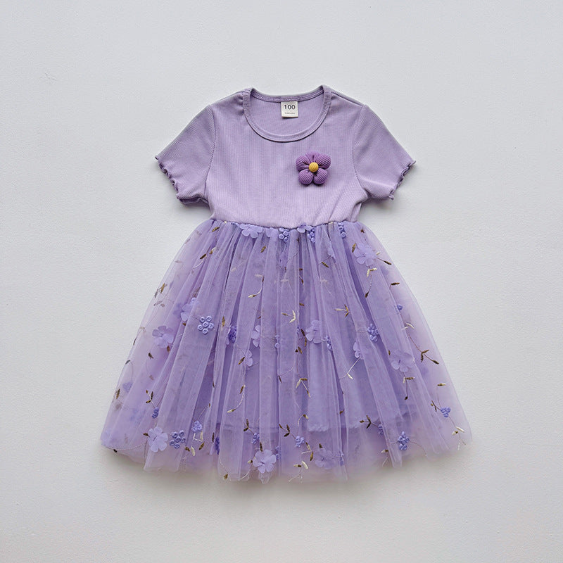 Summer Baby Kids Girls Short-Sleeved 3D Flowers Pattern Mesh Design Patchwork Dress