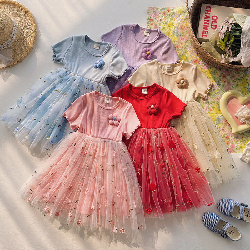 Summer Baby Kids Girls Short-Sleeved 3D Flowers Pattern Mesh Design Patchwork Dress